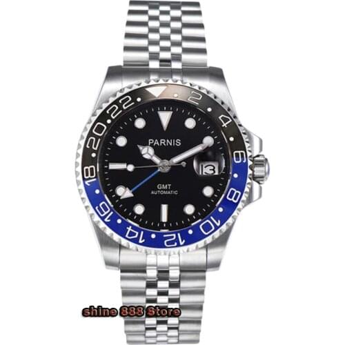 New 40mm Parnis black dial ceramic bezel sapphire glass date adjust GMT Automatic movement Mens business Watch