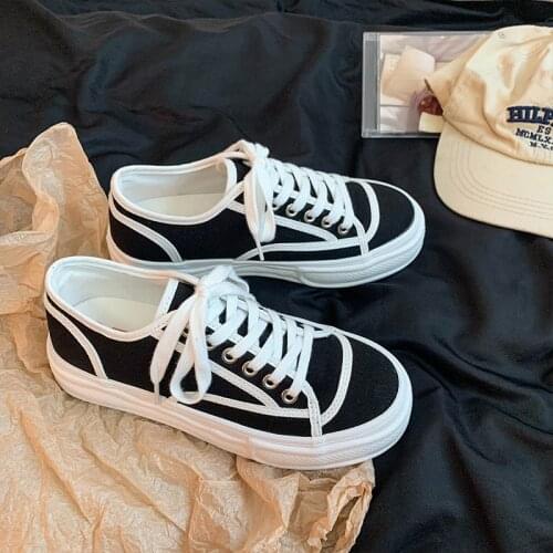 Color-blocking Canvas Shoes Female 2021 Summer New Korean Student Casual Shoes Retro Hong Kong Style Chic Gumshoes White Black