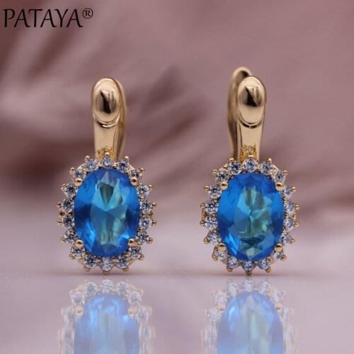 PATAYA New Oval Blue Natural Zircon Drop Earrings Women Fashion Jewelry Wedding Sunflower 585 Rose Gold Colorful Unique Earrings