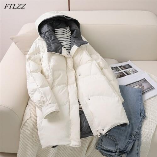 FTLZZ Winter Soft Fluffy Hooded Splicing Colour New Down Jacket Women White Duck Down Warm Coat Loose Warm Bread Clothes Outwear