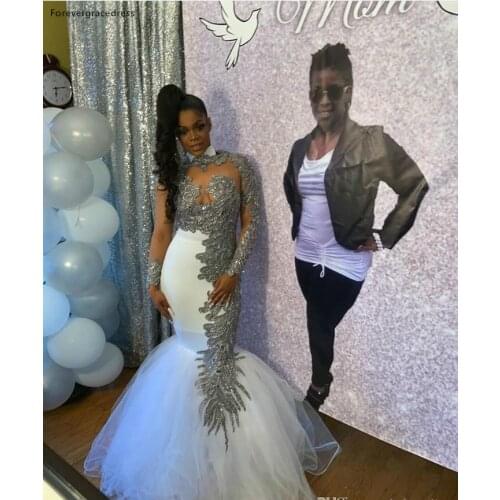 Sexy African Black Girls Mermaid Prom Dresses New Sheer Long Sleeves Appliques Tulle Evening Party Gowns