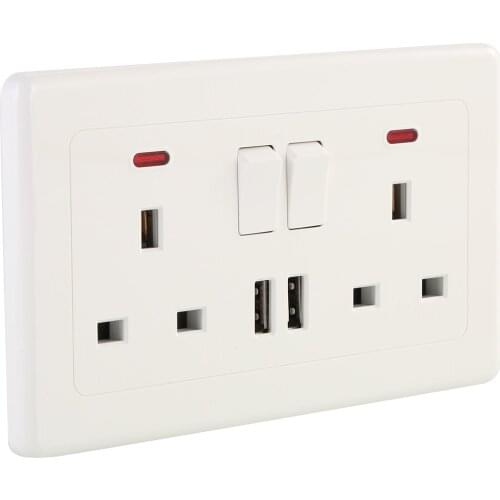 SOONHUA Wall Plug Socket Dual USB Ports Wall Plug Sockets 2 Gang 13A Power Supply Flat Panel With Indicator Switch UK Standard