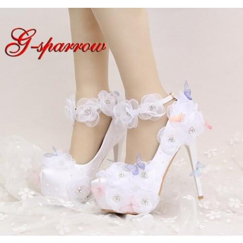 2018 Nice Wedding Shoes Beautiful Flower and Butterfly Bride Party High Heels with Ankle Straps Prom Pumps White and Red Color