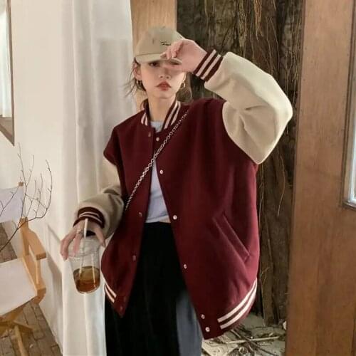 Autumn Korean Version 2021 New BF Wind Stand-up collar Loose Baseball Uniform Letter Embroidery Women Woolen Jacket Female Coats
