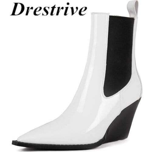 Drestrive 2021 New Arrival Fashion Women Ankle Boots Elasticated Patent Leather Sexy Pointed Wedges Heel Female Party Shoes