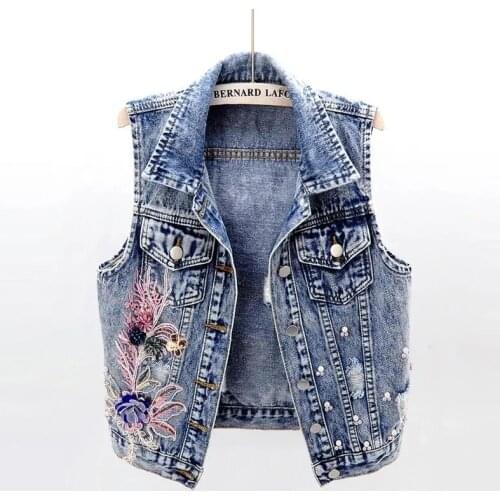 Spring and summer new 2020 Korean version of beaded flower denim vest women short sleeveless vest waistcoat waistcoat trend