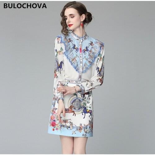 2021 New Summer Womens Skirt Suits Fashion Print Stand Collar Single-Breasted Long Sleeve Shirt Tops + Mini Skirt 2 Piece Sets