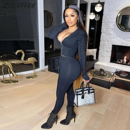 ZOOEFFBB Trendy Zip Two Piece Set Fall Clothes for Women Long Sleeve Hooded Top Sports Pants Tracksuit Lounge Wear Matching Sets