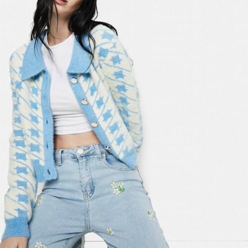 2021 New Style Women Color Block Sweater Adults Casual Button-down Houndstooth Pattern Long Sleeve Lapel Cardigan for Autumn