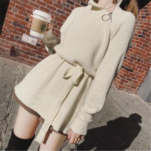 2018 Long Sleeve Turtleneck Kintted sweater For Women lady top Zipper Split side Casual Loosen Pullovers sweater with belt