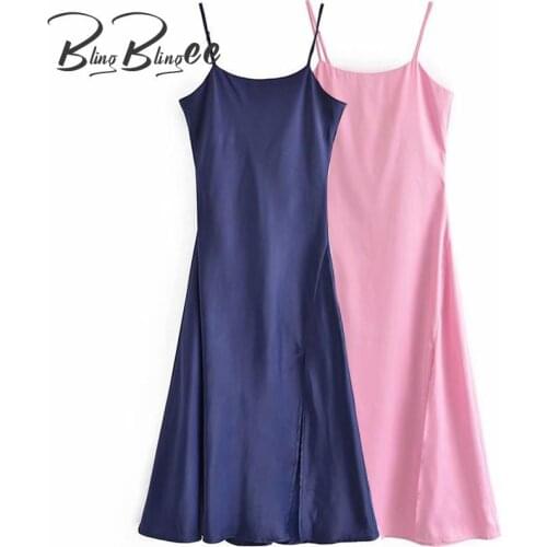 BlingBlingee Lightweight Summer Long Midi Dress Fashion Split Side Spaghetti Strap Women Pink Satin Party Dress Camisole Female
