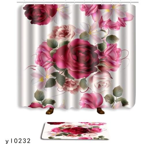 2pcs/lot High Quality New Luxury Red Rose 3D print Waterproof Shower Curtain Bathroom Polyester Curtains +Non-slip carpet