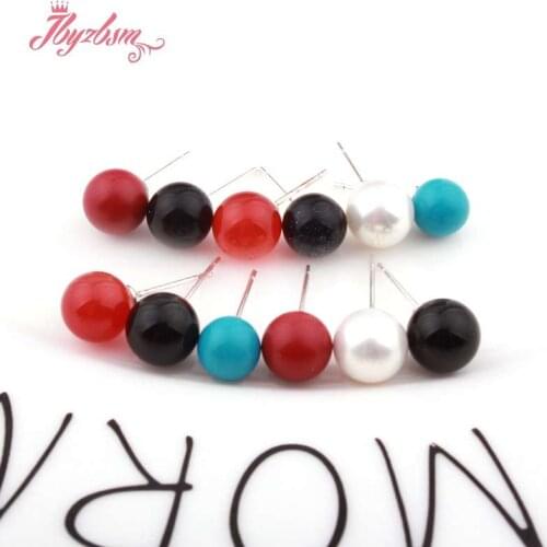 8mm Smooth Round Stone Beads Marcastie Tibetan Silver For Party Trendy Fashion Stu d Earring 1 Pair XMAS Gift ,Free Shipping