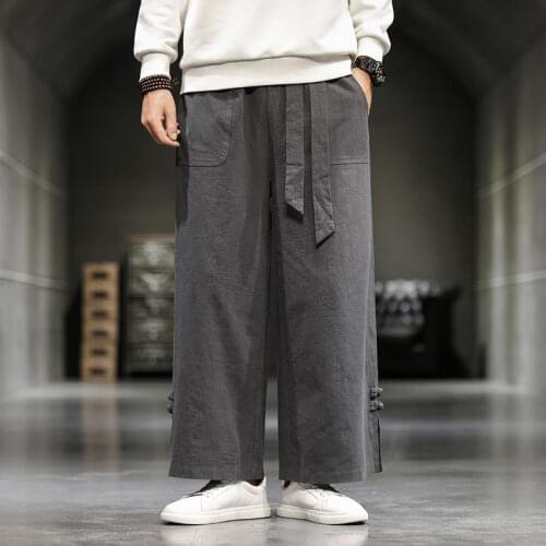 Autumn Chinese style loose cargo pants men retro cotton linen straight joggers trousers pants big size