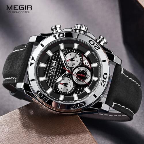 MEGIR Mens Army Sports Chronograph Quartz Watches Leather Strap Luminous Waterproof Wristwatch Man Relogios Clock 2094 Silver