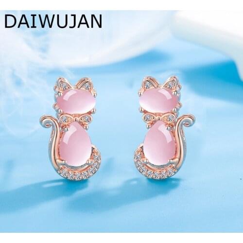 DAIWUJAN Cute Cat Pink Crystal Stud Earrings For Women Girls Rose Quartz Animal Earrings 925 Silver Jewelry Birthday Party Gift