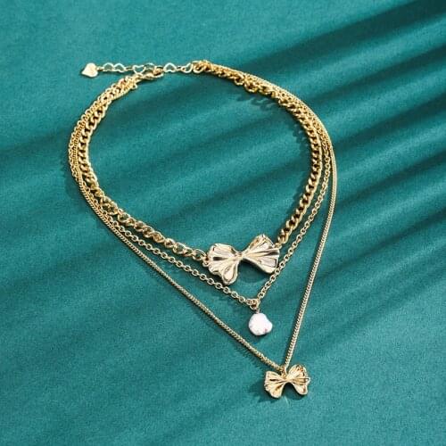 Dorado New Natural Pearl Necklace For Women Delicate Layered Pendant Metal Chain Bowknot Punk Personality Short Chain Party Gift