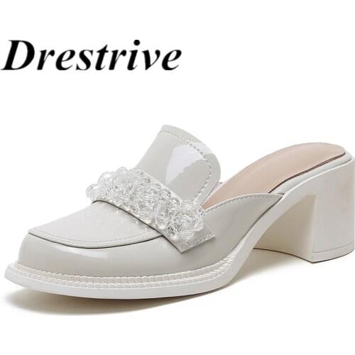 Drestrive Full Genuine Leather Round Toe Mules Crystal Beige Manual Custom Women Pumps Thick High Heel Shoes 2021 Summer Slipper
