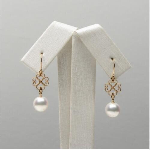 Elegant 7.5-8mm Round Real Akoya White Pearl Hook Drop Earrings 18k Yellow Gold