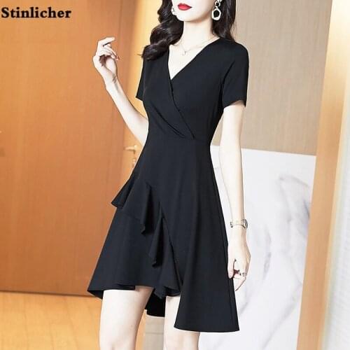 Elegant Black Irregular Ruffle Party Dress Women Fashion V-neck Short Sleeve OL Work Dress Ladies Casual Midi Dress Robe