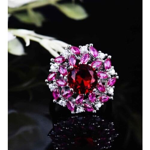 925 Silver Exquisite Flower Jewelry Inlay Red Cubic Zirconia Fashion Romantic Adjustable Rings For Women Wedding Engagement Gift