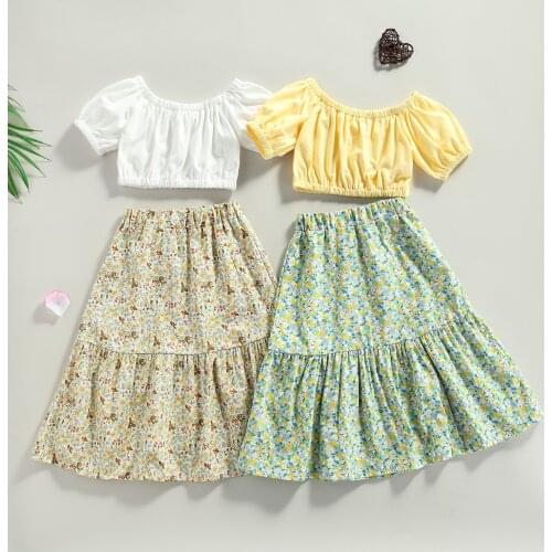 2-7Years Kids Baby Girls Clothes Set 2021 Summer Short Sleeve Crop Tops + Floral Long Skirts Bohemian Princess Children Outfits