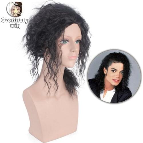 Michael Jackson MJ Medium Long Afro Curly Cosplay Wig Costume Synthetic Hair Halloween Party Black Wigs For Men Women