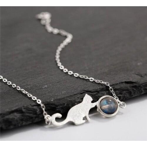 Necklace Plated Silver Studs Moonstone Womens Cat Pendant Jewellery Chain