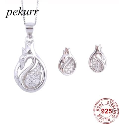 Pekurr 925 Sterling Silver Elegant Zircon Swan Flower Earrings Necklace Sets For Women Bud Pendants Fashion Jewelry Sets