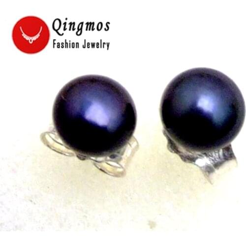Qingmos Fashion 5-6mm Round Natural Freshwater Black Pearl Earring for Women with Stering Silver 925 Stud Earring Jewelry e397