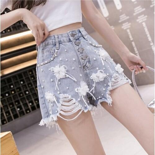 BULOCHOVA Women Fashion Pearls Flowers A Line Denim Shorts Summer Students High Waist Tassel Hole Wide Leg Hot Short Pants 2XL
