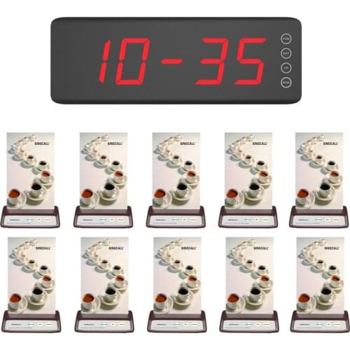 SINGCALL Waiter Calling System,1 Screen Display Receiver SC-R50 and 10 APE130 Wireless Buttons, 3 Options Pagers Coffee Color