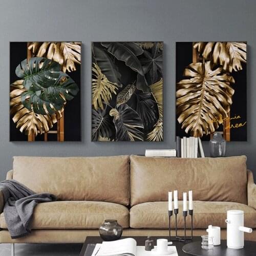 Scandinavian Style Golden Tropical Plants Poster Decorative Picture Print Modern Wall Art Paintings For Living Room Home Decor
