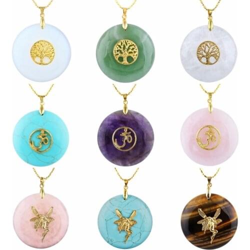 SUNYIK Round Stone Amulet Pendant Necklace for Unisex,Tree of Life/OM Chakra/Fairy (Free Chain)