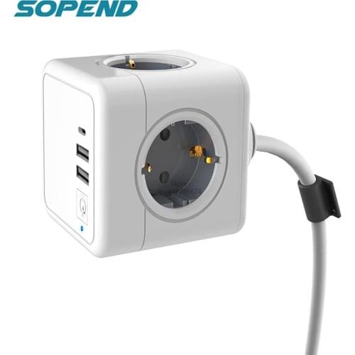 Sopend Smart Extension with 1.5m Cable Powercube Power Strip USB EU Plug Wall Socket Switch Type-C Ports Multi Outlet for Home