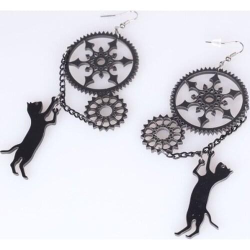 Women Acrylic Black Gear Cat Long Drop Earring Amimal Dangle Punk Fashion Jewelry