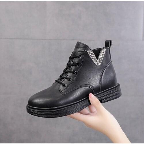 Fad Autumn New Martin Boots British Style PU Leather Plus Size Lace Up Low Heels Crystal Ankle Boots for Women Shoes Woman