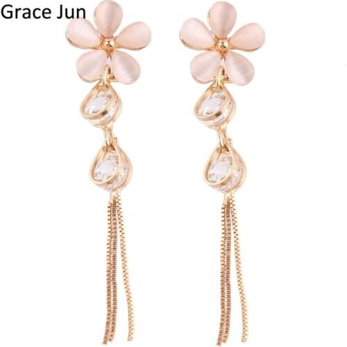 Grace Jun Top Quality 5 Leaves Flower Shape Cubic Zircon Opal Water Drop Long Clip on Earrings Without Piercing for Women Gift