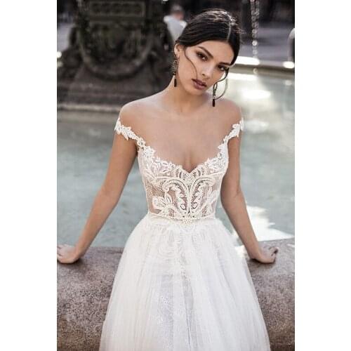 SSYFashion New Beach Wedding Gown Romantic White Lace Appliques Beading Sweep Train Lllusion Long Wedding Dress Vestido De Noiva