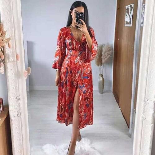 Boho Inspired red PRINTED METALLIC THREAD DRESS women V-neck long sleeve autumn dress sexy party dress new plus size dress women