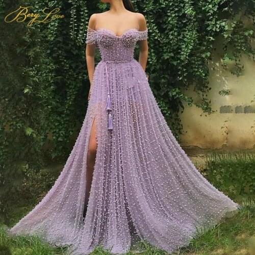Pearls Prom Dresses Spaghetti Straps Sweetheart Off Shoulder Evening Dress Belt Beading Robe de soirée 2020