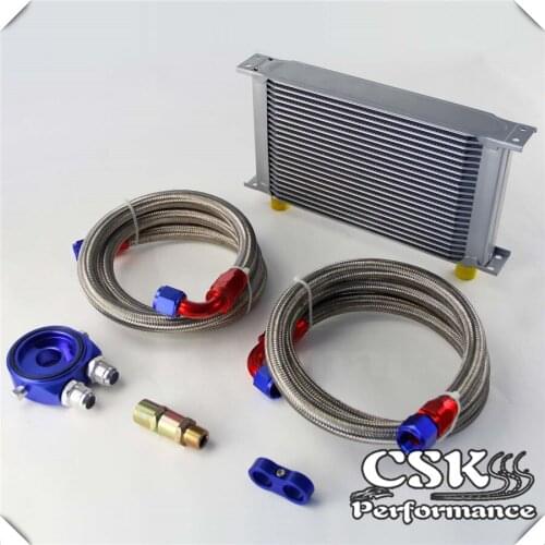 22 Row 248mm AN10 Universal Engine Transmission Oil Cooler British Type + Aluminum Filter Hose End Kit Blue