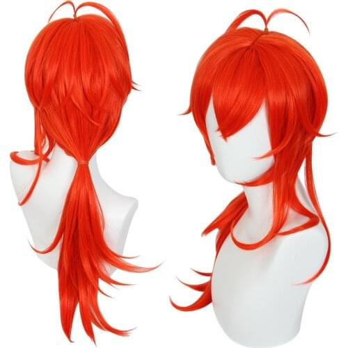 65cm Cosplay Genshin Impact Diluc Wigs Halloween Stage Performance Red Long Heat Resistant Synthetic Hair Wig C55M41