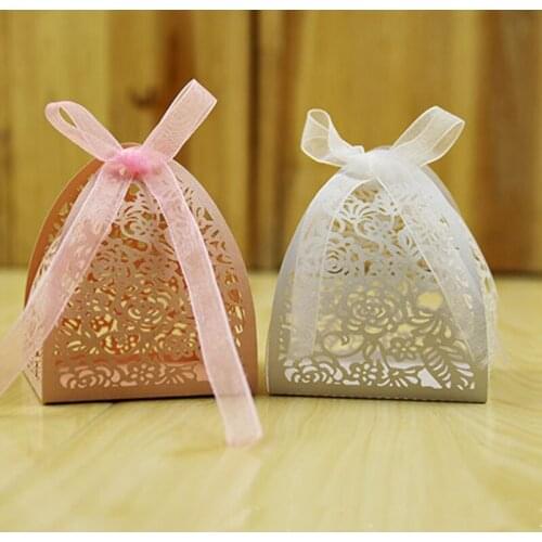 8 Color 50pcs Laser Cut Hollow Rose Flower Favors Gifts Boxes Candy Boxes With Ribbon Baby Shower Wedding Party Supplies