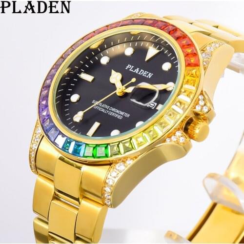 PLADEN Trendy Luxury Watches Men Top Brand Gold Stainless Steel Auto Date Clock Japan Quartz Movement Round Male Wristwatch 2021