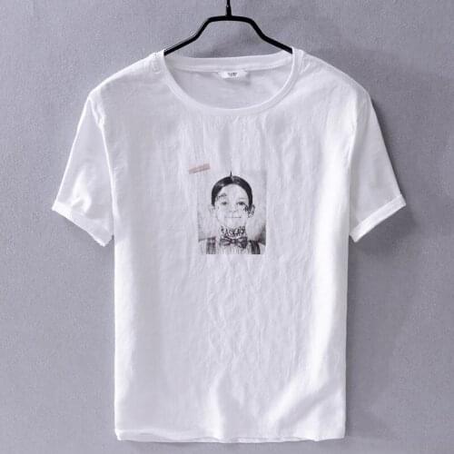 2019 Summer comfortable mens linen t-shirt white loose trend men printed cotton t shirt casual fashion t shirts male tops camisa