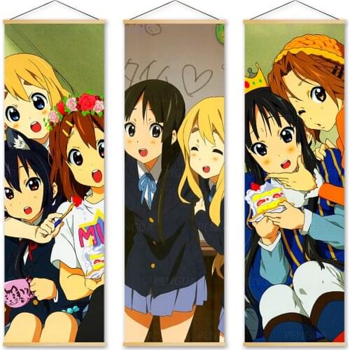 Home Decor K-ON Canvas Pictures Poster Print Cute Girl Wall Art Wooden Scroll Hanging Painting Japan Anime Bedside Background