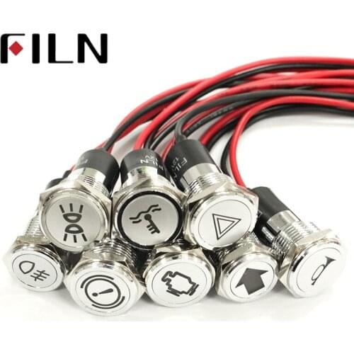 FILN 50pcs 14mm Lamp 12V red yellow LED different type symbol Signal Lights Instrument Pilot light with car symbol