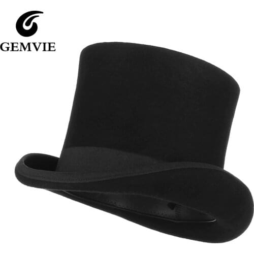 GEMVIE 17cm 100% Wool Felt Beaver High Top Hat Topper Derby Cylinder Hat For Women Men Mad Hatter Party Costume Magician Cap