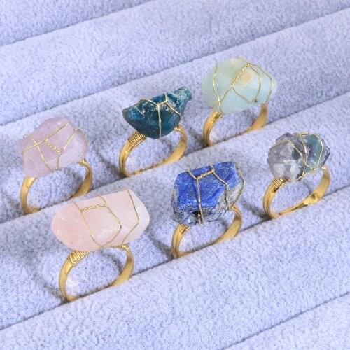 Men Women Irregular Natural Stone Rings Wire Wrap Original Crystal Lapis Lazuli Gold Adjustable Finger Ring BOHO Jewelry 2020